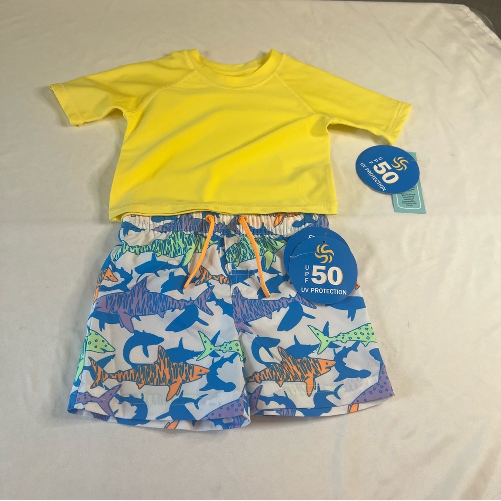 NWT Sol Borne Toddler Boys Shark Rash Guard & Swim Trunks Set 18M UPF 50‎